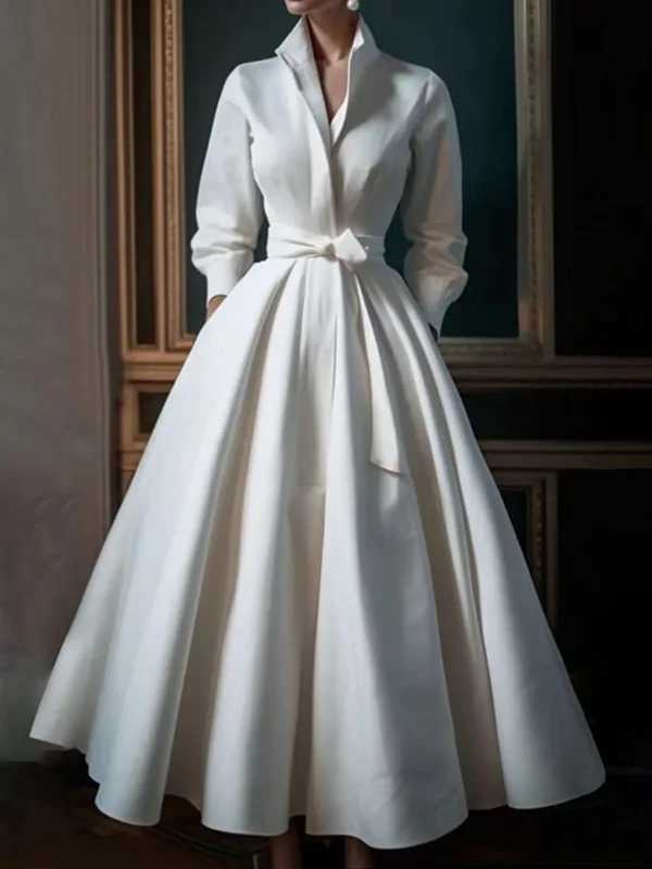 Kri Party Evening Dress Spring Long Sleves Loose Solid Color Waist Collar Midi Birthday Wedding Dress X241226
