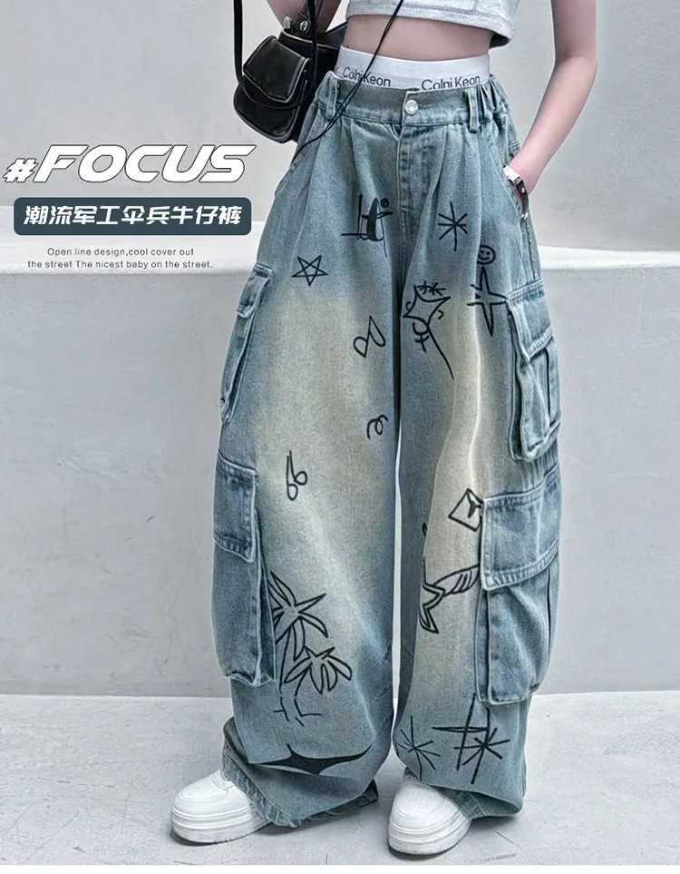 Retro graffiti loose teen girls jeans 12 junior girl summer design wide leg Cargo denim pants kids Multi pocket trousers W241227
