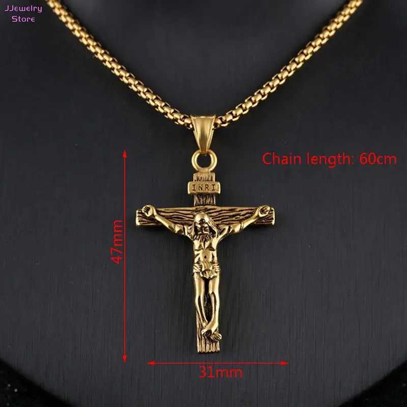 Fashion Crucifix Jesus Christ Men Jewelry Gold Brown Silver Color Metal Cross Pendant With Neck Chain Necklaces For Man WomenXJ241227