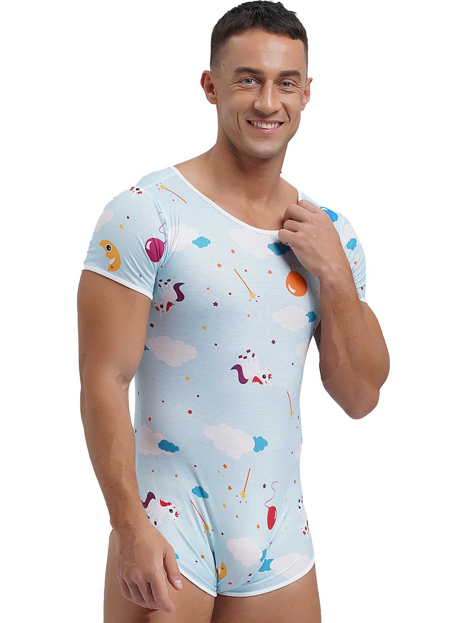 Sexy Mens Short Sleeve Buttoned Crotch Diaper Rompers Pajama Cute Cartoon Print Sissy Bodysuit Sleepwear Swimwear Bathing SuitXJ241227