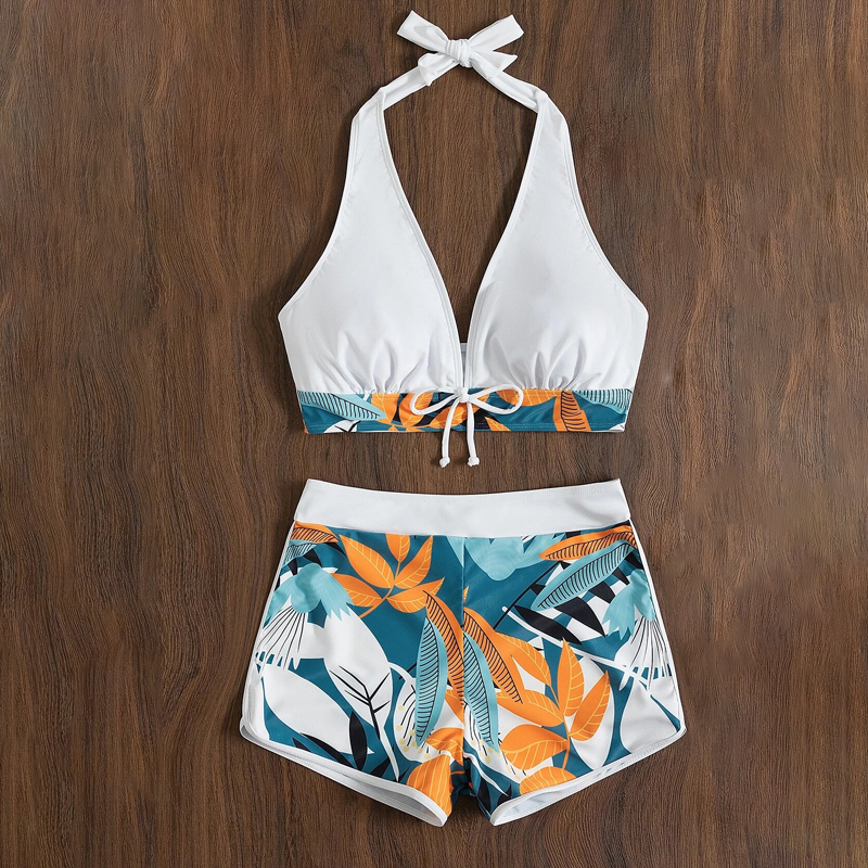 Stylish Women Halter Bikinis Set High Waist Shorts Swimsuit Padded Deep V-Neck Bikini Push-up Swimwear Ladies Printing Bathing Suits Boyshorts Beach W