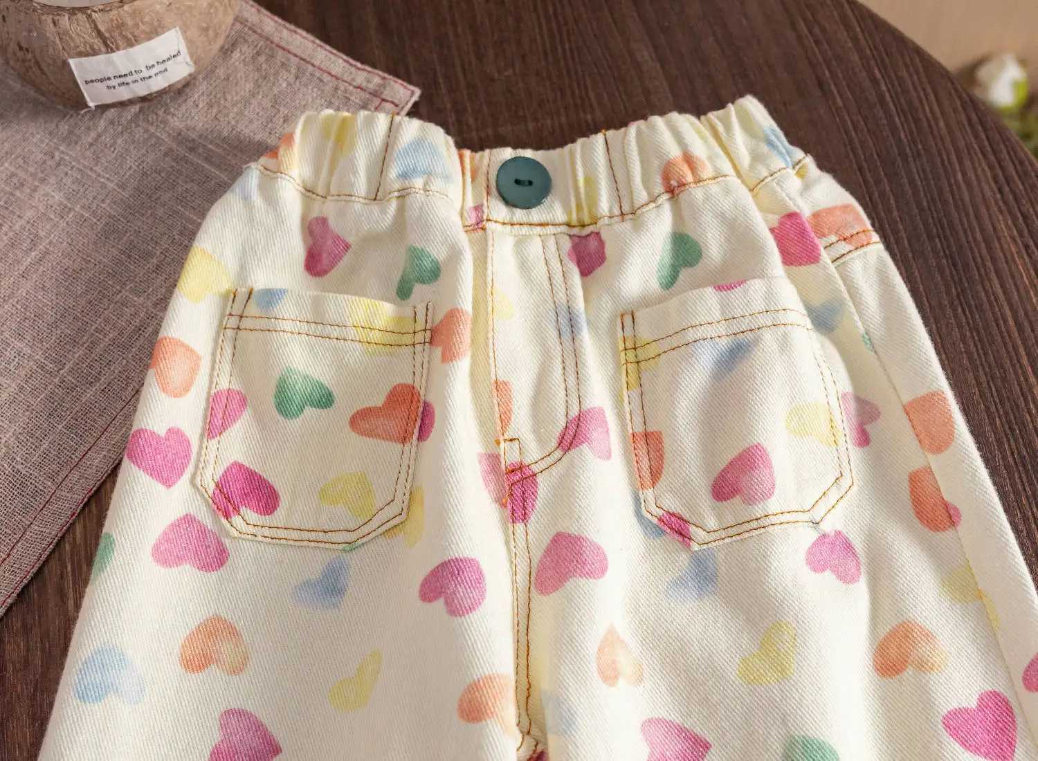 New Spring Autumn Kids Pants coloful heart printed children straight jeans Girls loose denim Trousers W241227