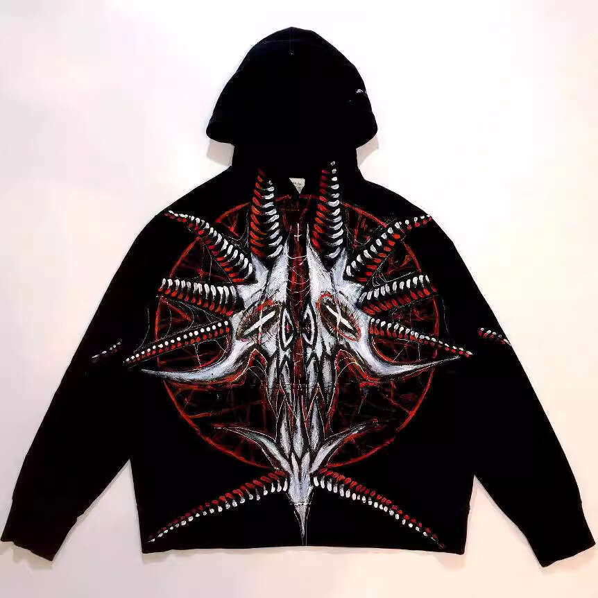 Gothic Harajuku style hooded with spider print for both men women, loose and dark street sports sweatshirt