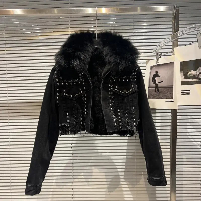 PREPOMP Winter Arrival Fox Fur Collar Rabbit Fur Rivets Ward Denim Jacket Women Short Coat GM164 241220