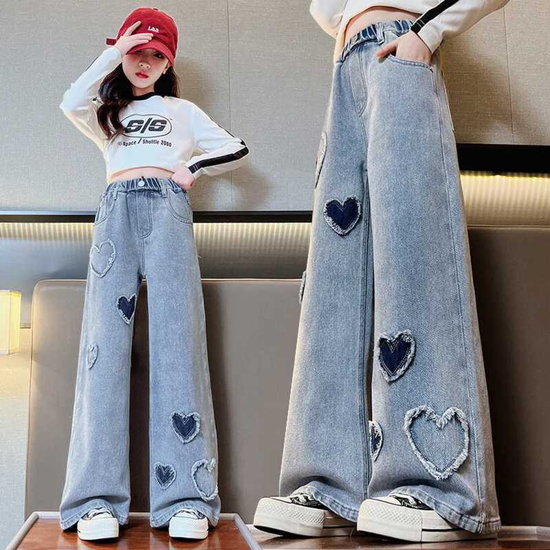 Girls Denim Wide Leg Pants with Heart Design Big Flare Pants Loose Jeans For Girls Casual Children Spring Childrens Clothes W241227