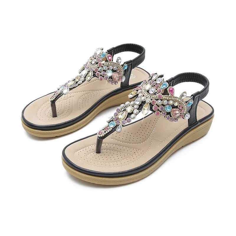 High Quality Plus Size 36-41 Shoes for Women Summer New Round Toe Flip Flops Fashion Rhinestone Ladies Sandals Roman Crystal Platform Elastic T241227