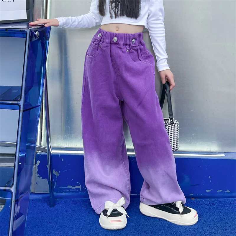 Jeans for Girls Candy Color Fashion Gradient Wide Leg Pants Childrens Clothes Spring Autumn Teenager Cotton Streetwear Trousers W241227