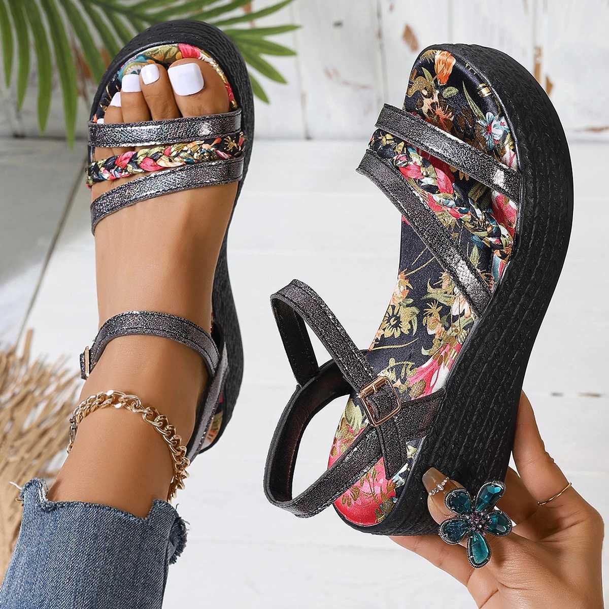 High Quality Womens Platform Wedge Sandals Summer High Heel Round Toe Comfortable Floral Woman Designer Gold Shoes Luxury Sandalias T241227