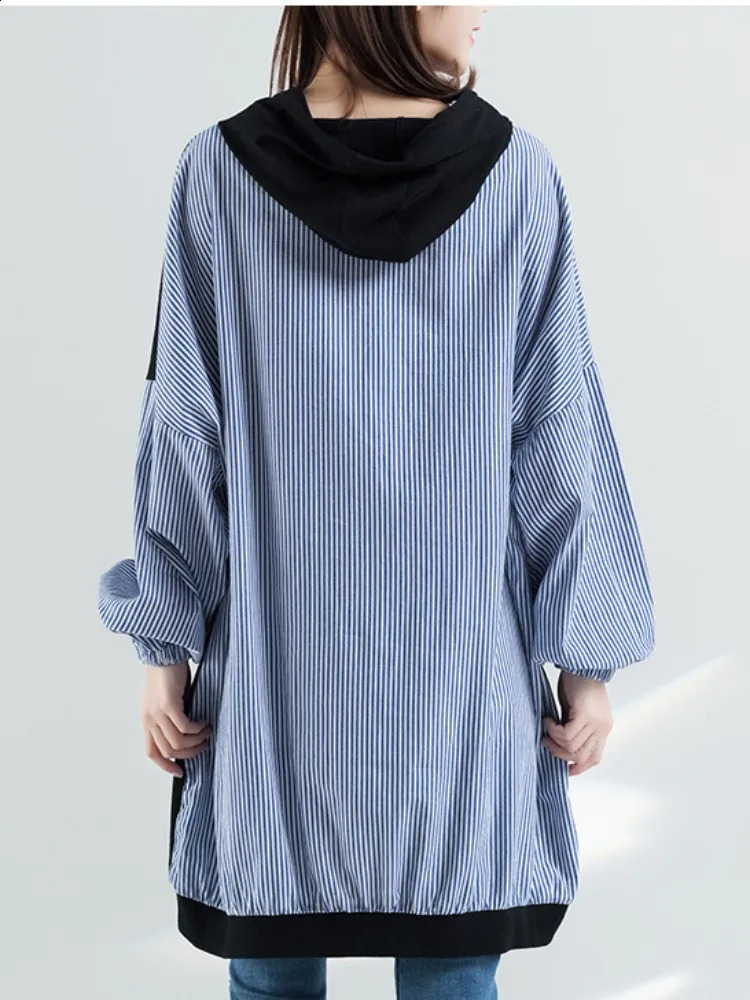 Oversized Striped Patchwork Hooded Women Casual Sweatshirt Loose Ladies Tops Fashion Autumn Woman Black Hoodies 241223