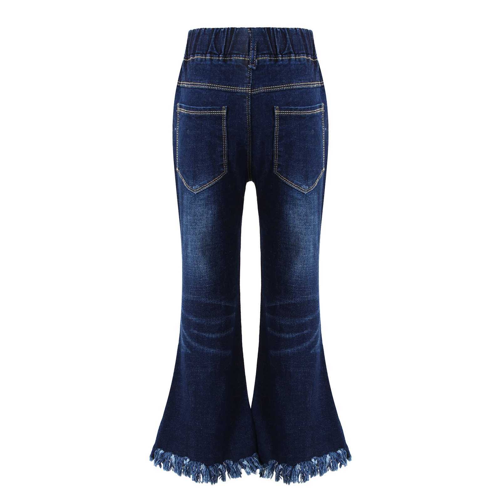 Kids Baby Girls Flare Pants Tassel Hem Denim Bell Bottom Children Toddler Kids Elastic Waist Blue Cute Jeans Trousers Clothes W241227