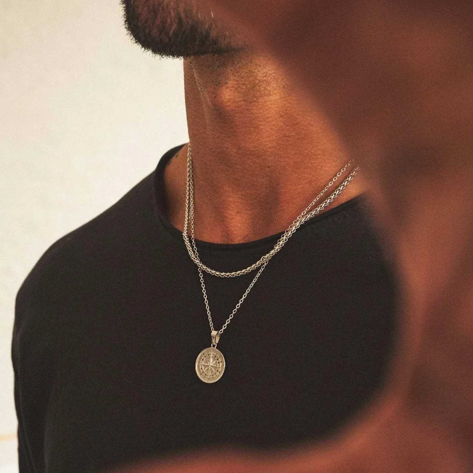 Layered Necklaces for Men Sailing Travel Compass Pendant Stainl Steel Cuban Figaro Wheat Chain Casual Retro CollarXJ241227