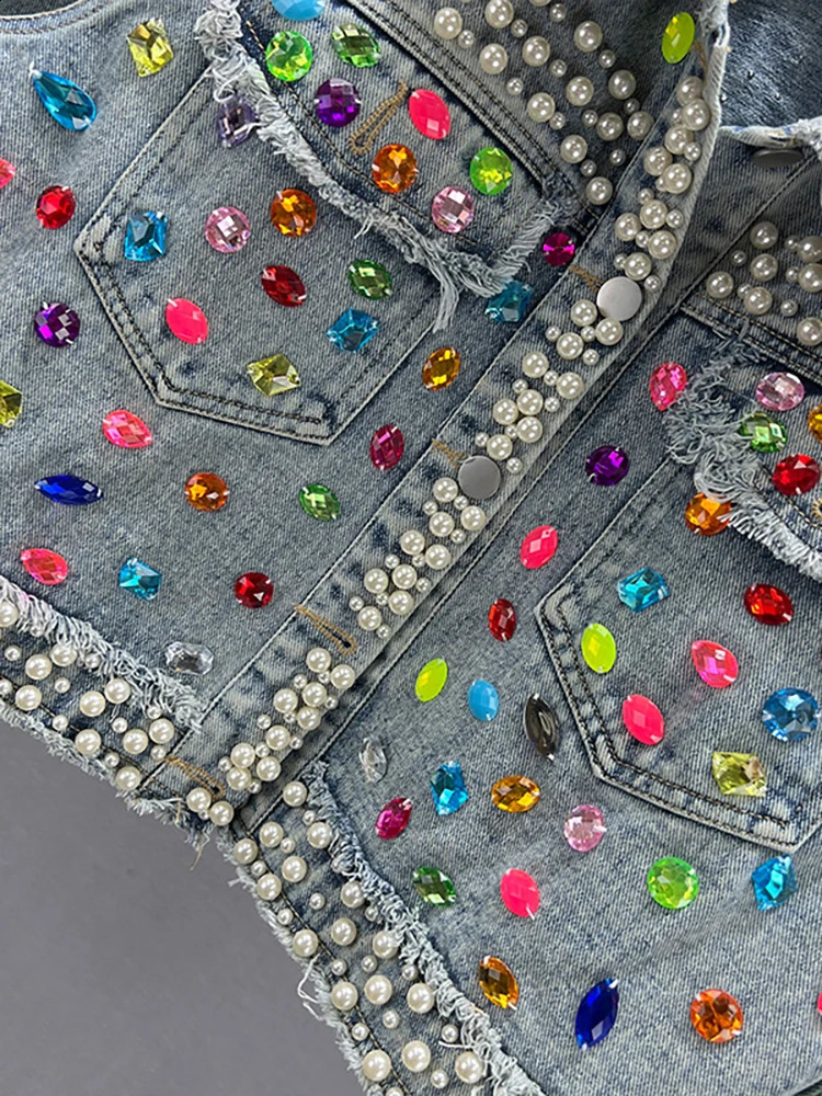 DEAT Womens Denim Coat Full Pearls Colored Beaded Crystal Long Sleeve Cool Burrs Female Jackets 2025 Spring Fashion 29L4067 241223