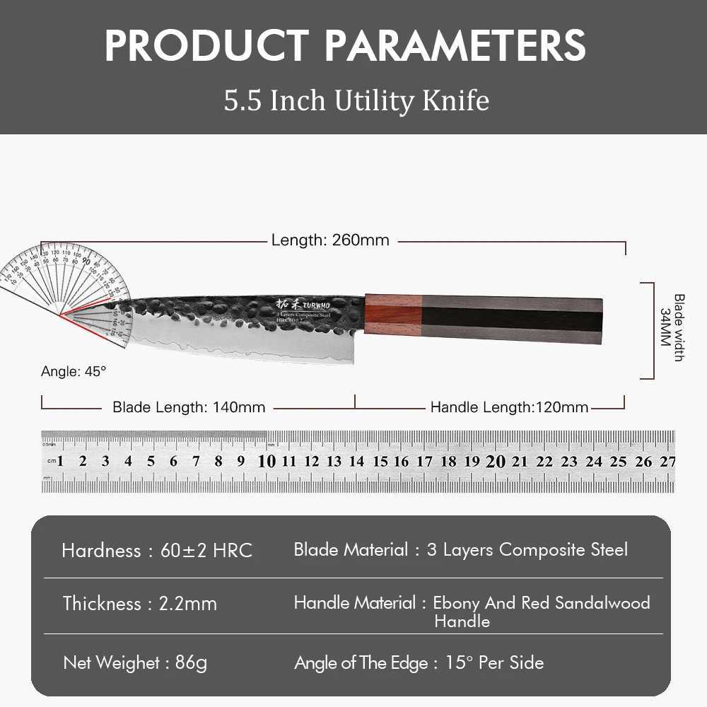 TURWHO 5.5-inch hand forged kitchen utility knife 3-layer Cposite steel vegetable meat fruit and side dish professional chef knife Y241227