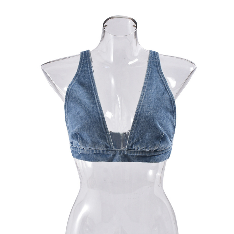 Sexy Denim Crop Top For Women Deep V-Neck Button-Down Backless Vintage Solid Hot Gril Y2k Beach Holiday Summer New Tanks
