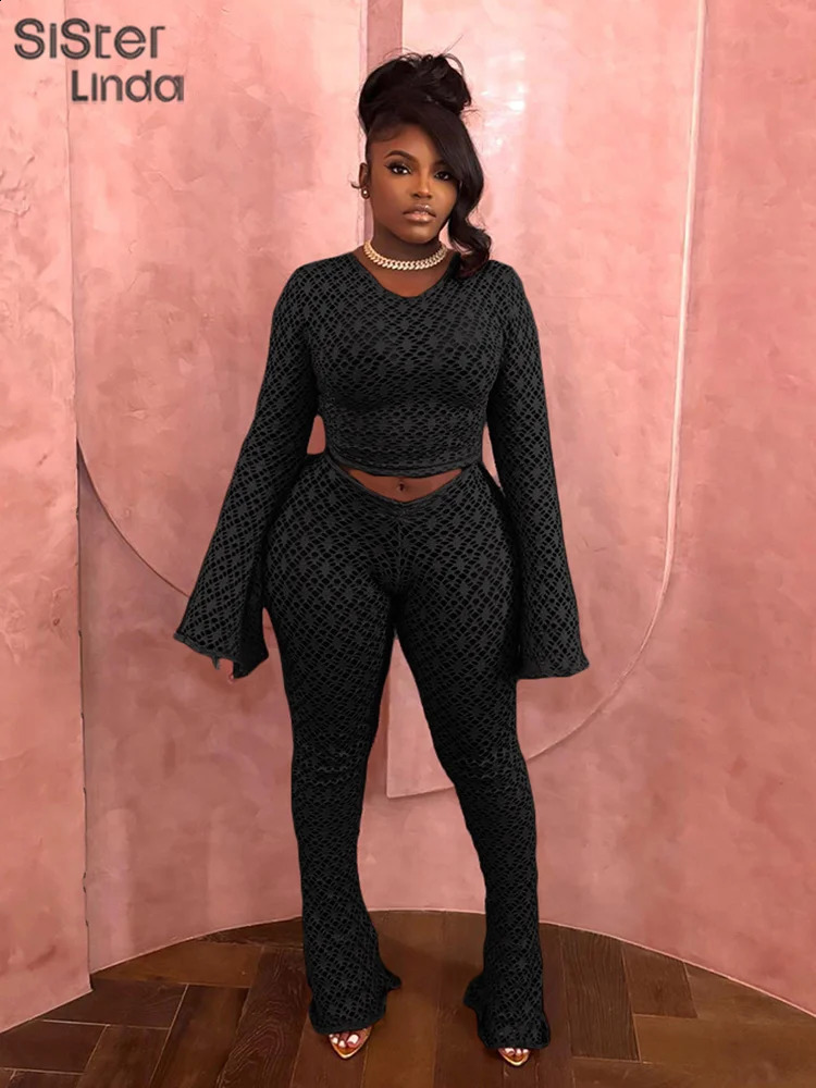 Sisterlinda Sexy Thin 2 Piece Sets Women Flare Sleeve Slim TopsHigh Waist Leggings Female Midnight Party Clubwear Outfits Mujer 241224