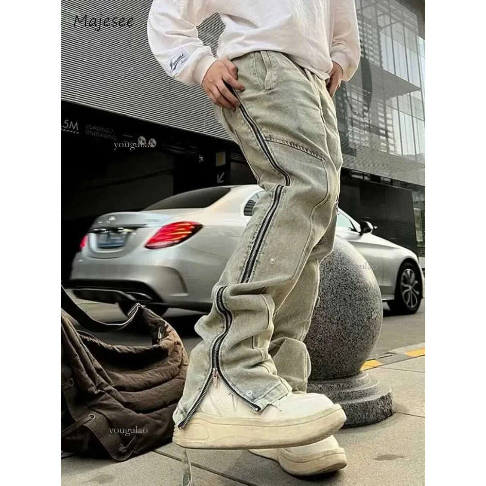 Straight jeans mens side zipper patch work ultra-thin fully matched Japanese style Harajuku streetwear denim Trouser autumn new collection M241207