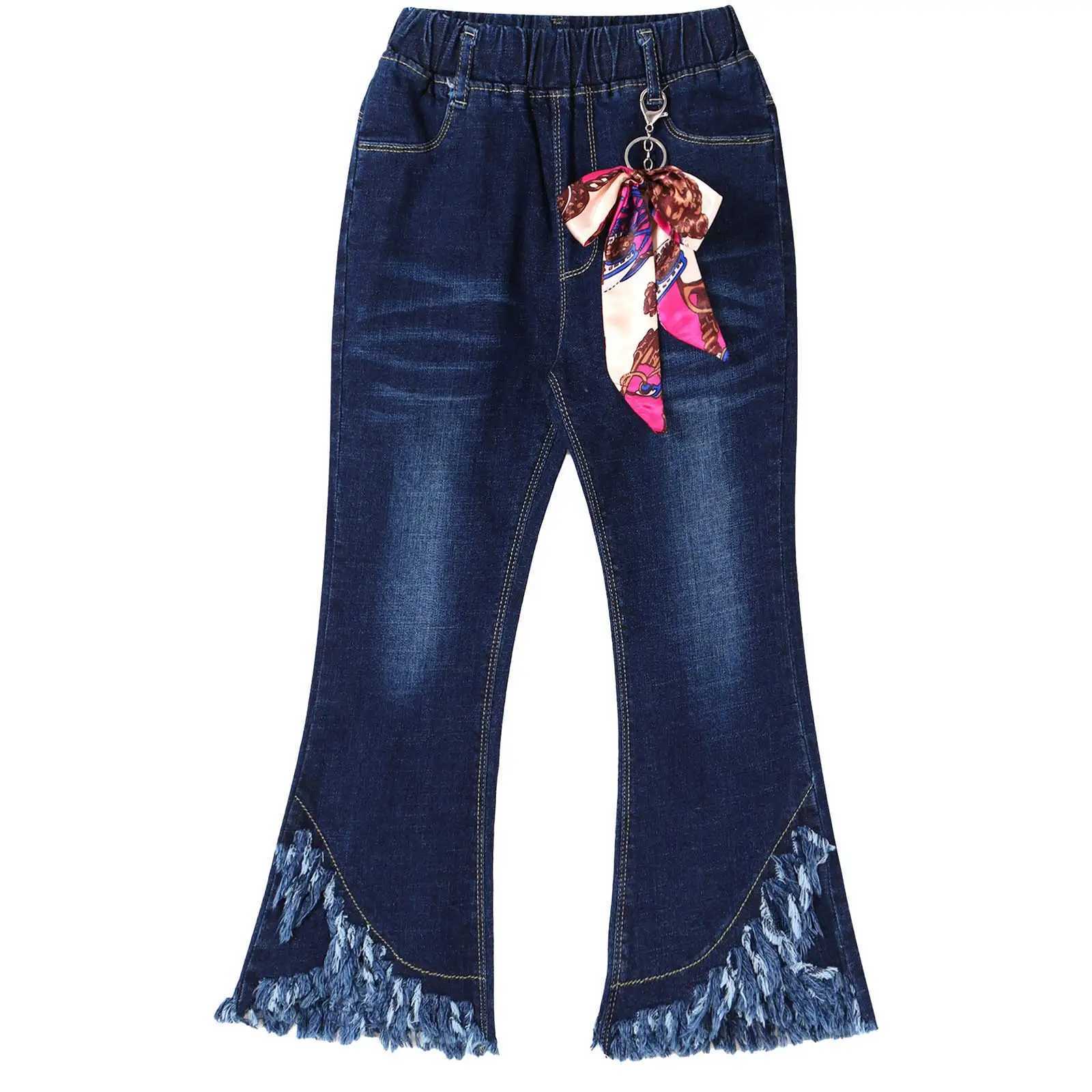 Kids Baby Girls Flare Pants Tassel Hem Denim Bell Bottom Children Toddler Kids Elastic Waist Blue Cute Jeans Trousers Clothes W241227