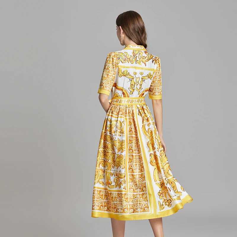 New Summer Fashion Yellow and White Porcelain Printed Shirt for Women Flip Collar Single Chest Lace Holiday Midi Clothing X241226