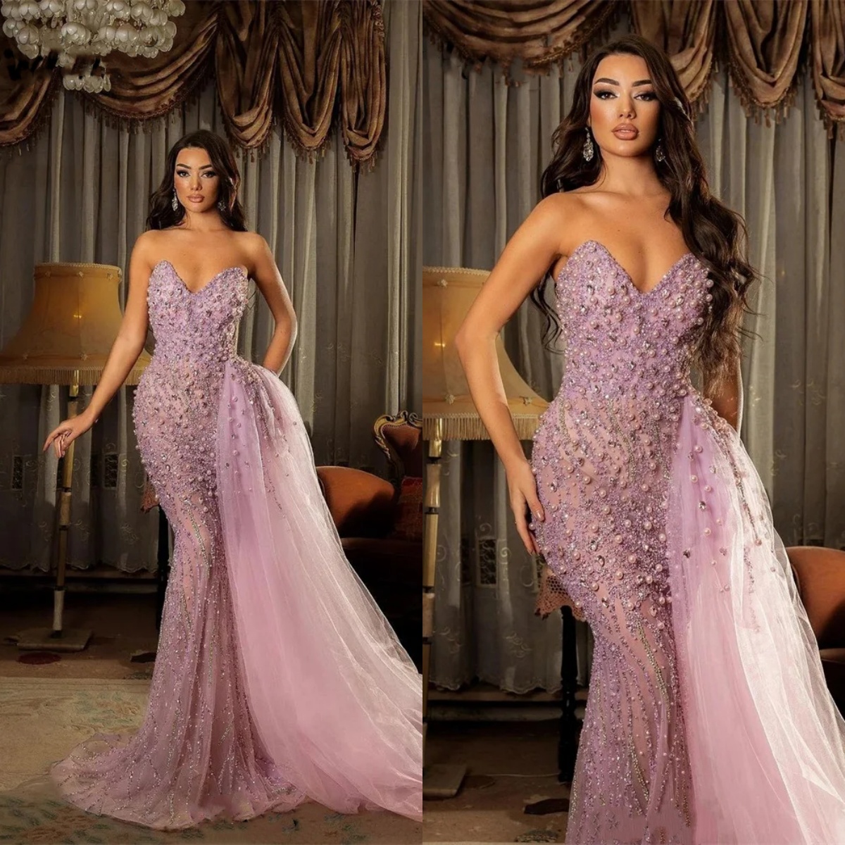 Evening Dresses For Women Sweetheart Neck Sleeveless Gown Sequins Beaded Crystal Sweep Train Customized Dress Party