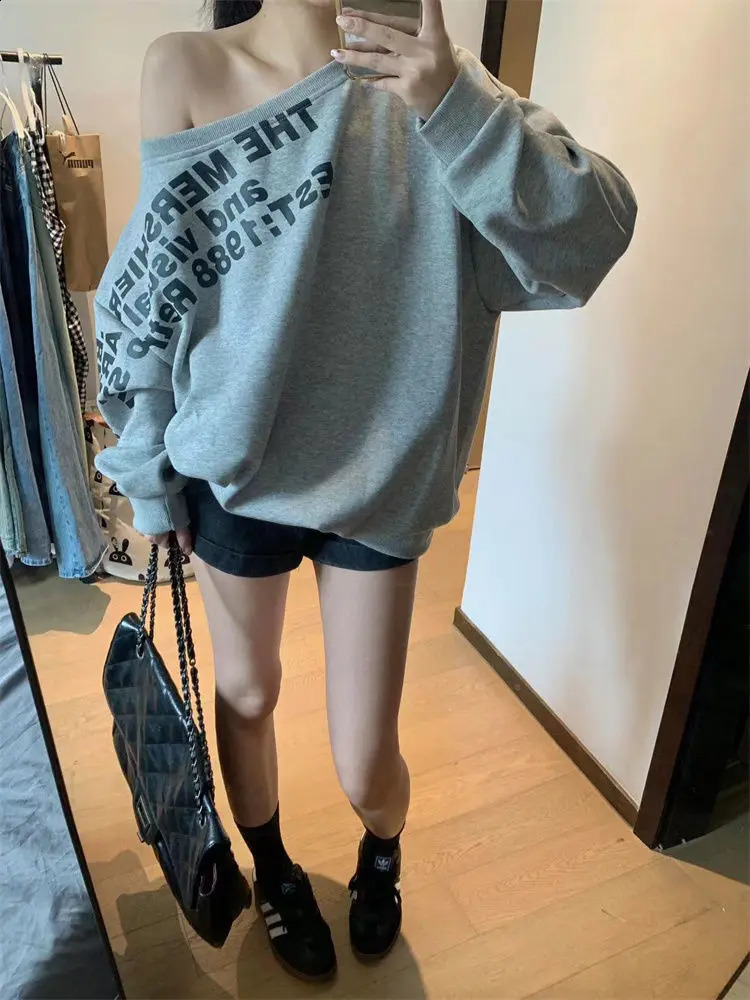 American Style Sloping Shoulder Letter n Hoodie for Spicy Women Ins Loose Casual Top Long Sleeved 241223