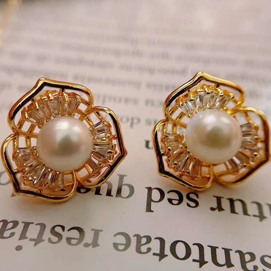 Plated Micro-inlaid Bauhinia Set 7-8MM Freshwater Pearl Necklace Earring Set Pearl Jewelry Set Classic Explosive 18k Gold Trendy 241226