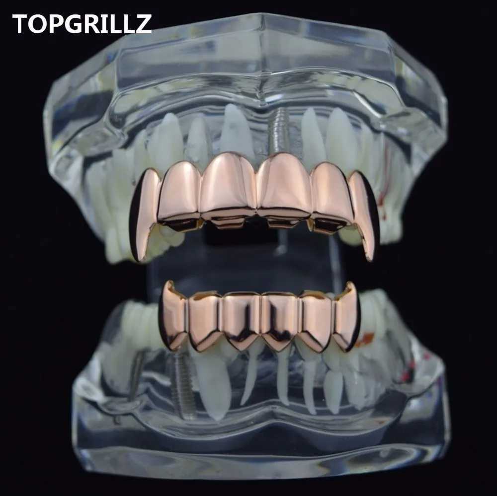 TOPGRILLZ Gold Silver Plated HIP HOP Teeth Grillz Top Bottom Grills Set With sile Real Shiny Vampire Tooth Sets W241227