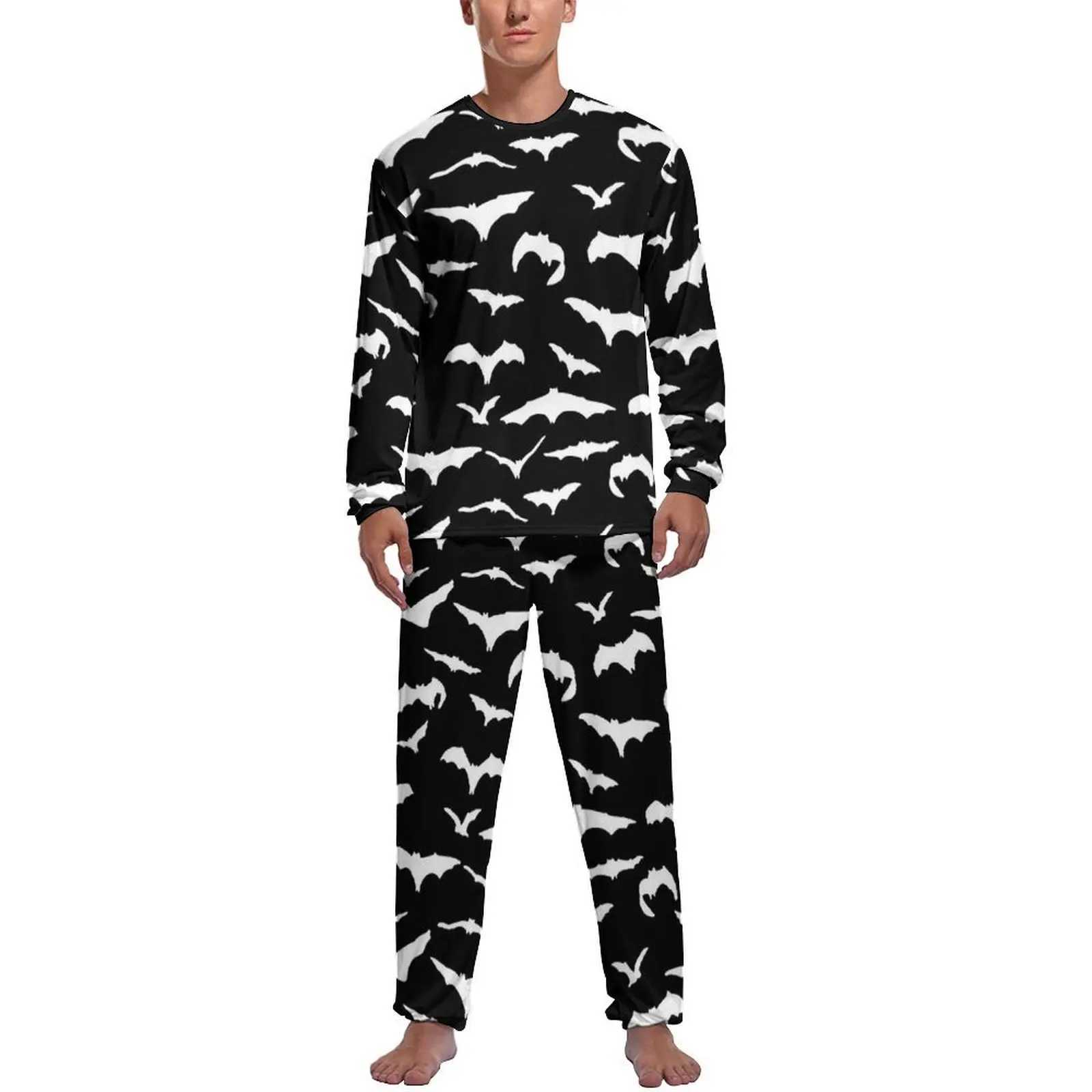 White Flying Bats Pajamas Long Sleeve Halloween 2 Pieces Bedroom Pajama Sets Autumn Man Printed Soft NightwearXJ241227
