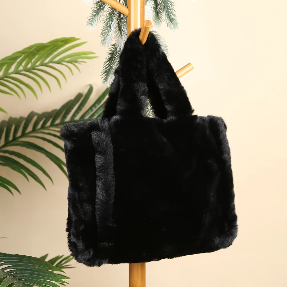 Plush Faux Fur Tote Bag for Women Autumn Winter Furry Handbags Solid Color Chic Fuzzy Shopping Soft Fashion Ladies Shoulder 241225