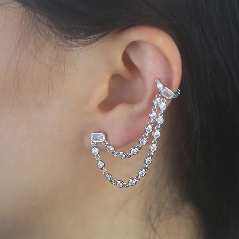 1pc Double Piercing 2 Hole Tassel Chain Mini Cz Hoop Earring Bling Cz Tennis Chain Clip on Earring Cuff Fashion Women Jewelry 241227
