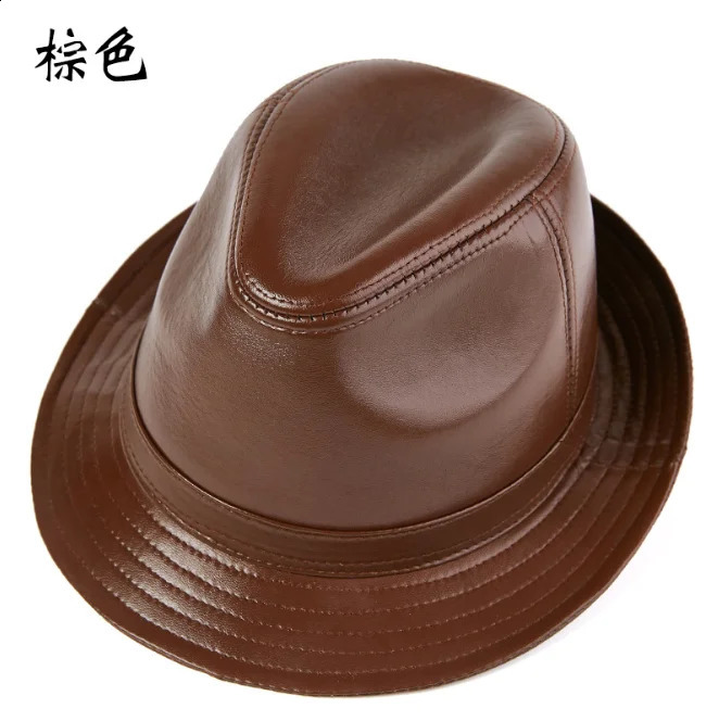 Quality Genuine Leather Hat For Mens Fashion Sheepskin Fedoras Autumn Winter Trend Elegant Jazz Cap Sombreros Brown 241226