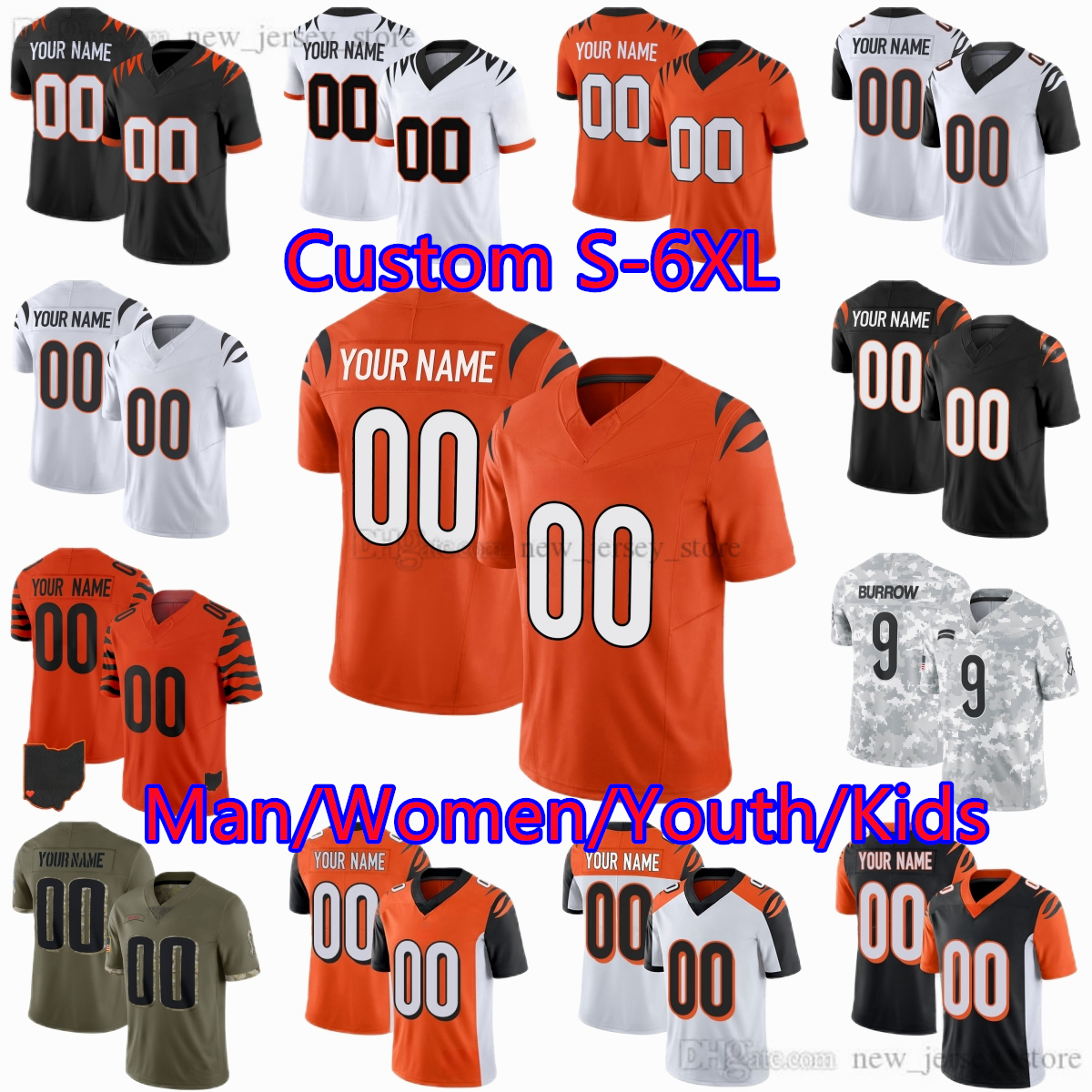 Custom S-6XL DIY Football 9 Joe Burrow Jersey Stitched 1 Ja'Marr Chase Brown Tee Higgins Amarius Mims Jerseys Hubbard Gesicki Ochocinco Esiason Man Women Youth Kids