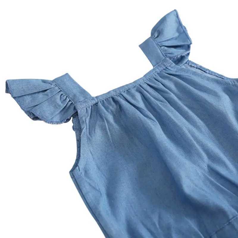 Children girls summer clothing jumpsuit denim blue cotton washed jeans sleeveless bow jumpsuit W241227