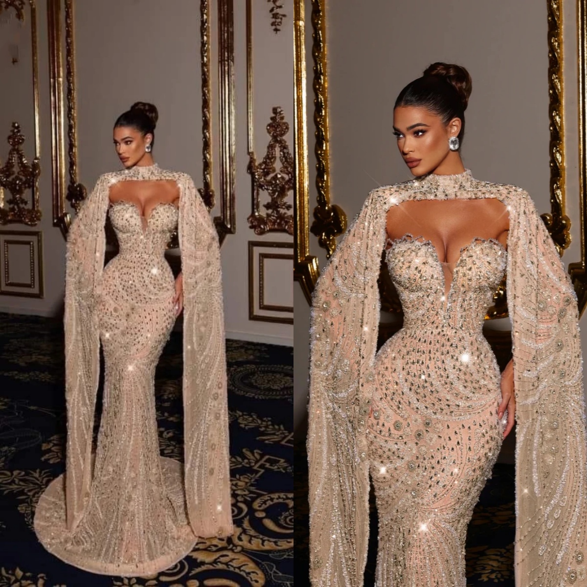 Gorgeous Evening Dresses For Women Sweetheart Neck Sleeveless Jacket Gown Sequins Crystal Sweep Train Customized Dress Party 0220