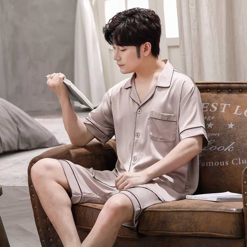 Summer Mens Pajamas Suit Short Sleeve Ice Silk Sleepwear Set Thin Loose Satin Solid Two Piece Home Night Clothing Male TeenXJ241227