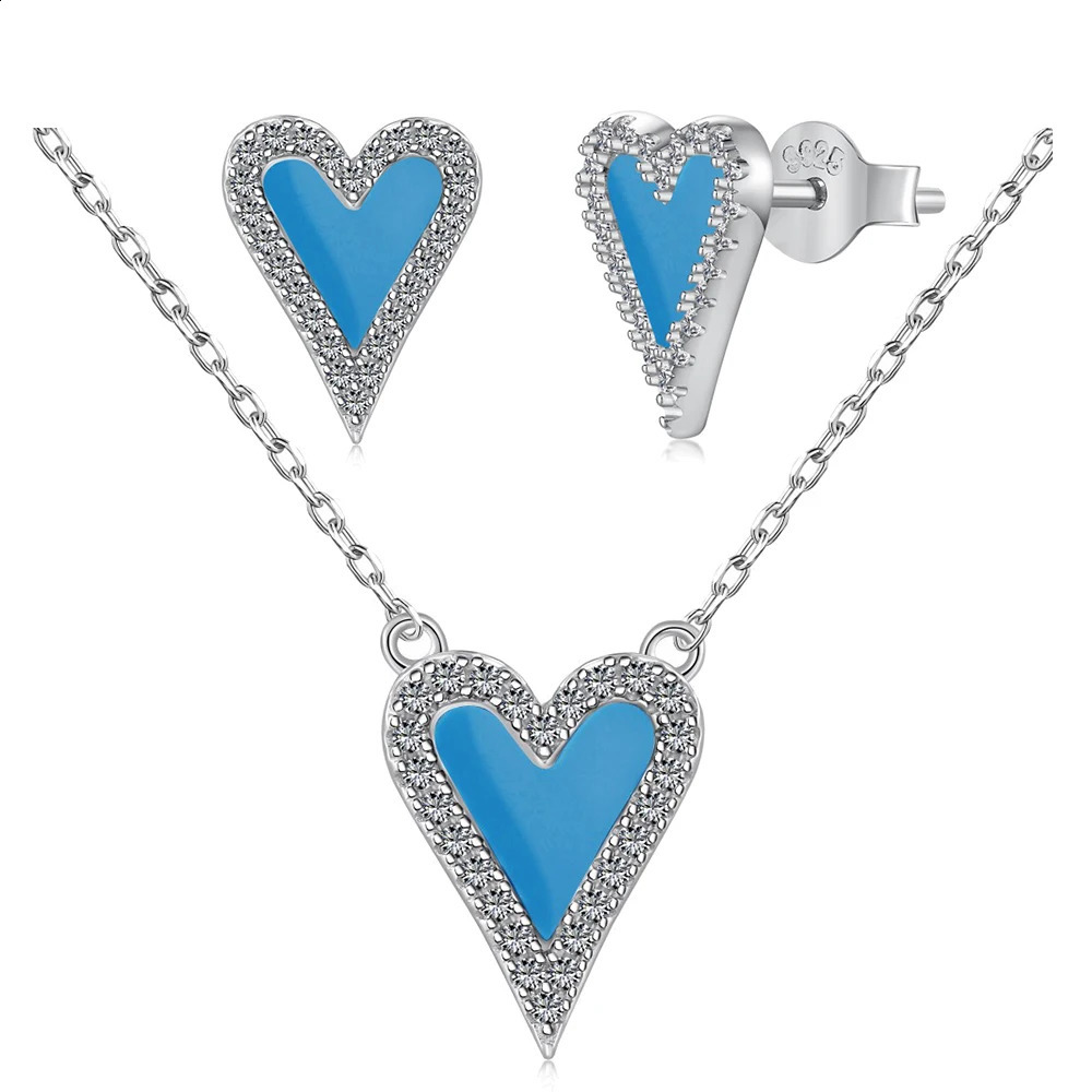True S925 Silver Heart Jewelry Set Women Black Agate Turquoise Heart Necklace Earrings Female Jewelry 5A Zircon Girl Gift 241226