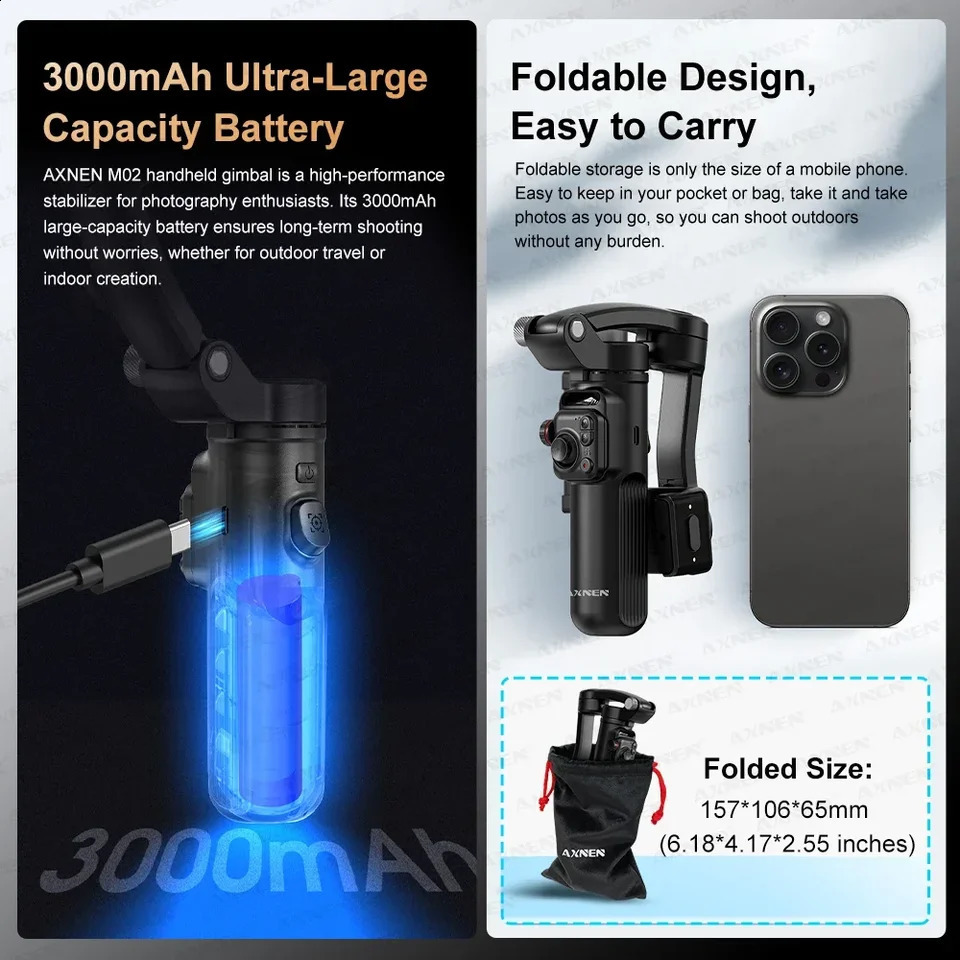 AXNEN M02 Gimbal Smartphone Stabilizer 3Axis Antishake Video Record Handheld Selfie Gimbals for Android Face Tracking 241220