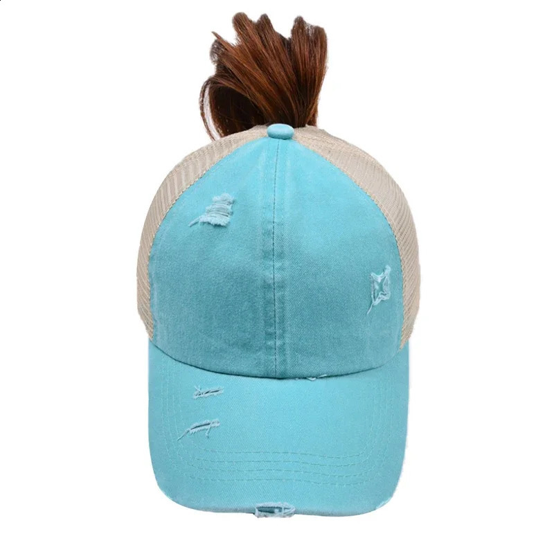 Summer Women Ponytail Baseball Cap Adjustable Vintage Washed Cotton Trucker Hat Sunscreen Distressed Ripped Hats 241226