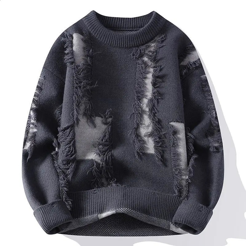 Y2K Color Matching Personality Hole Sweater Men Thick Autumn and Winter Sweater Loose Warm Coat for Students and 241224