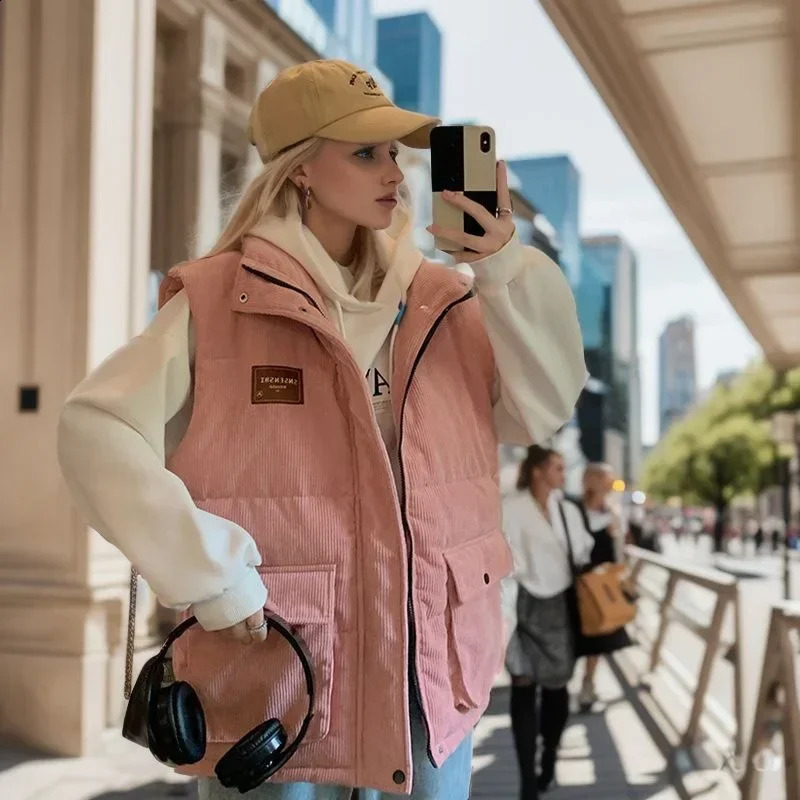 2024 Winter Women Corduroy Cotton Vest Labeling Elegant Fashion Simplicity Thicken Coat Office Lady Cardigan Sleeveless Jacket 241220