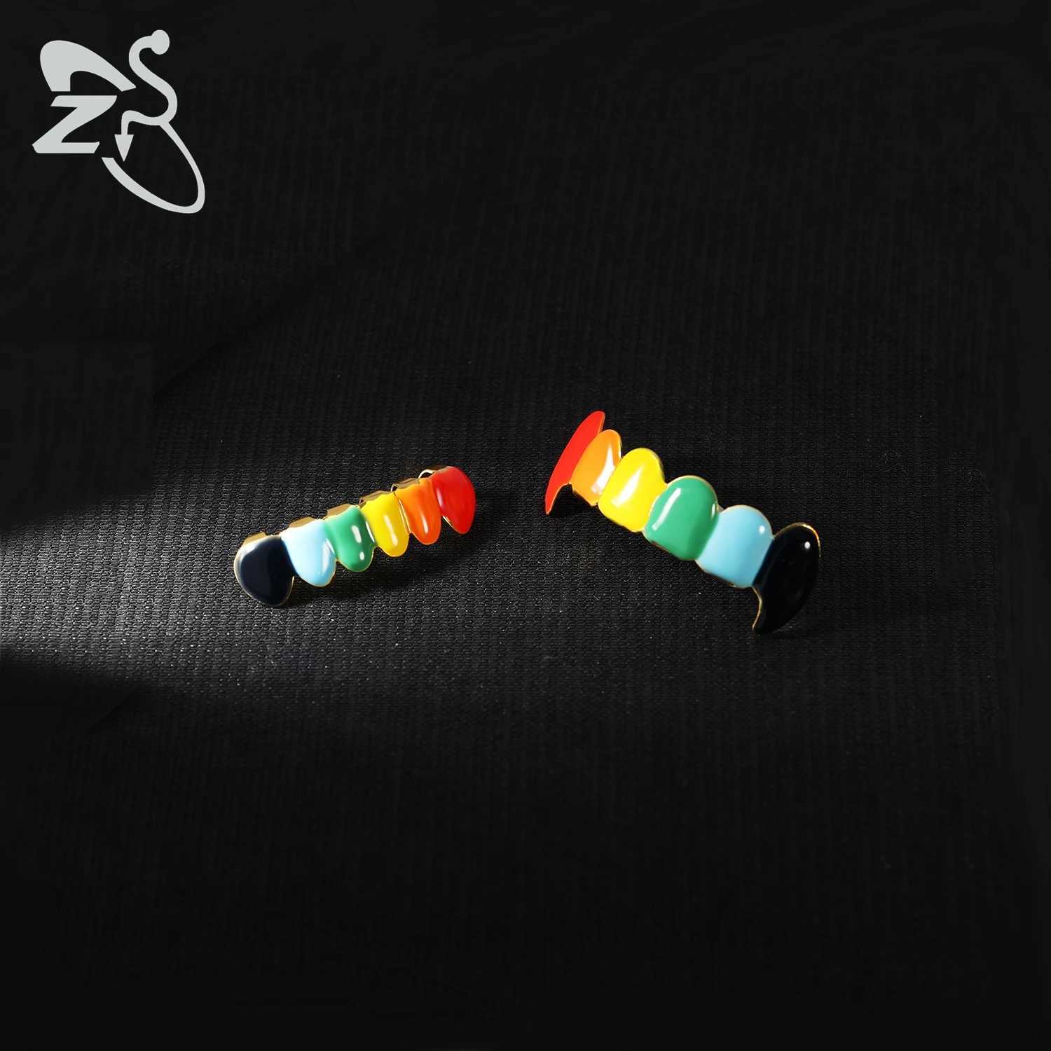 ZS 1 Set Hip Hop 18K Gold Plated Grillz Men Teeth Shiny CZ Crystal Cross G Grillz Colorful Zircon Top Bottom Teeth Jewelry W241227