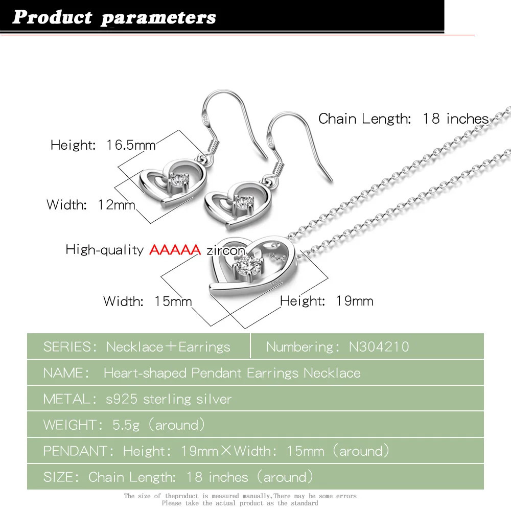 Original 925 Sterling Silver Heart-Shaped Necklace Set For Women Trendy Cubic Zircon Pendant Earring Jewelry Gifts 241226