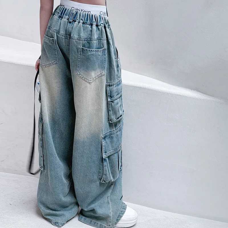 Retro graffiti loose teen girls jeans 12 junior girl summer design wide leg Cargo denim pants kids Multi pocket trousers W241227