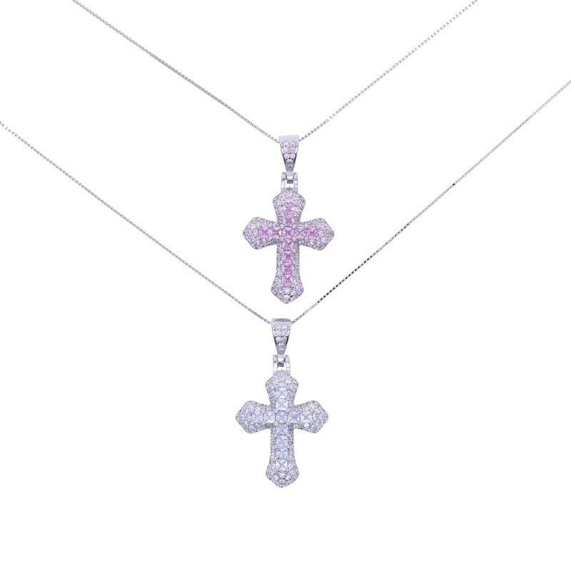 sdzstone Real 925 Sterling Silver Cross Pendant Micro Pave Bling Cz Pink White Cubic Zirconia Necklace for Women Classic Fashion