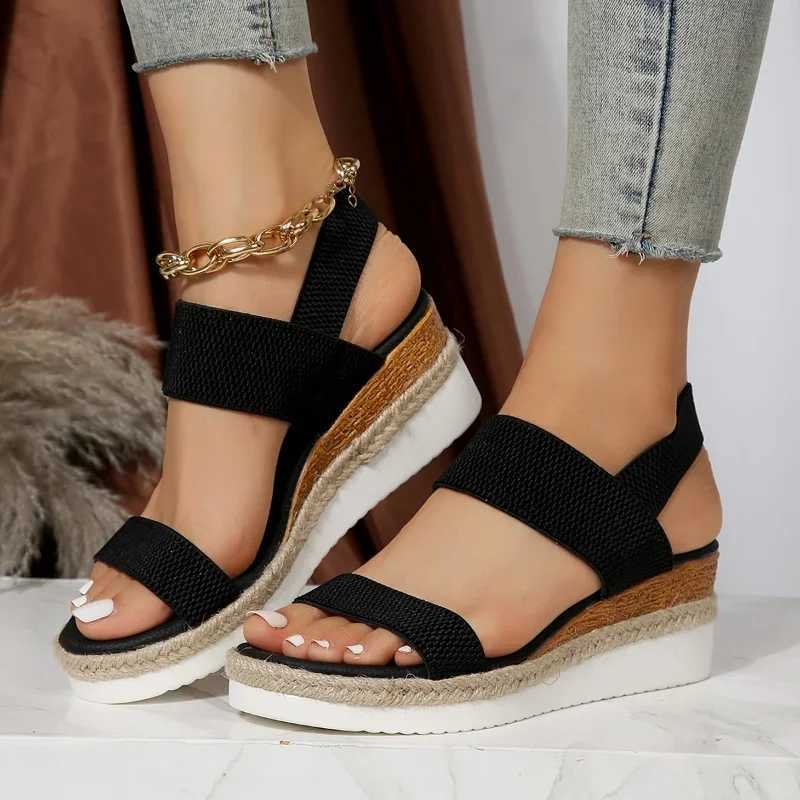 High Quality Womens Shoes Hot Sale Elastic Band Womens Sandals Summer Open Toe Solid Color Wedge Beach Shoes Ladies Platform Sandals T241227