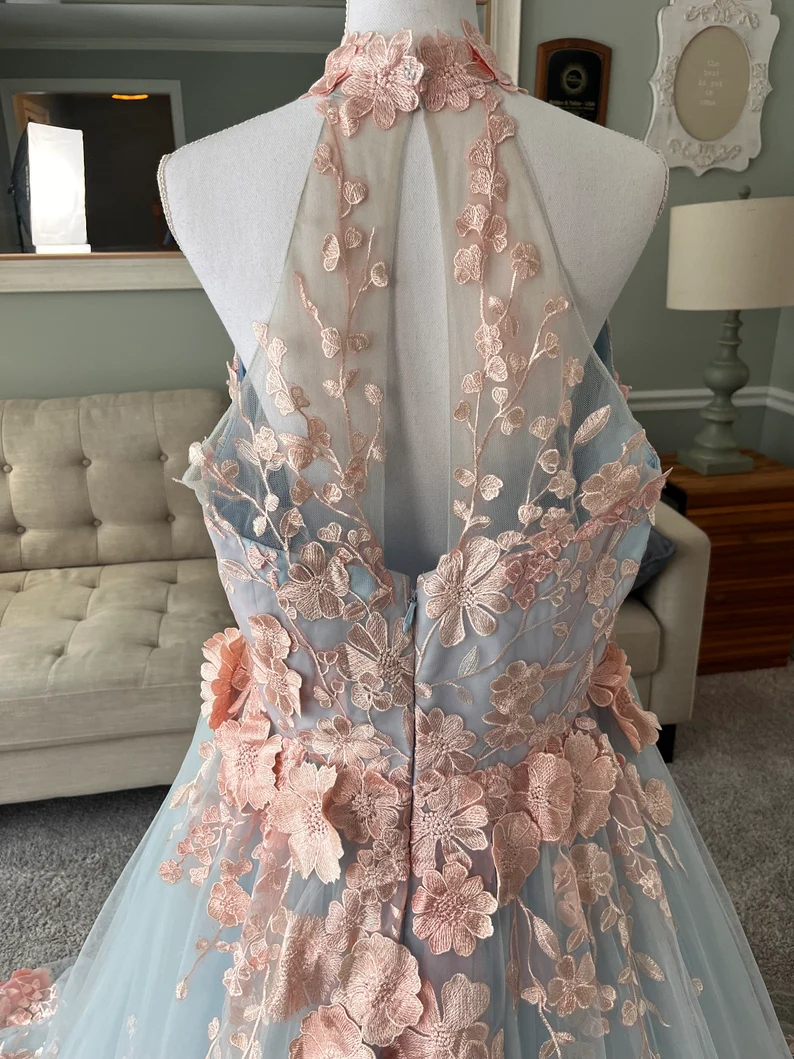 Romantic Floral Lace A Line Wedding Dresses Light Sky Blue And Pink Boho Bridal Gowns Sleeveless A Line Spring Summer Garden Bride Dress 2025