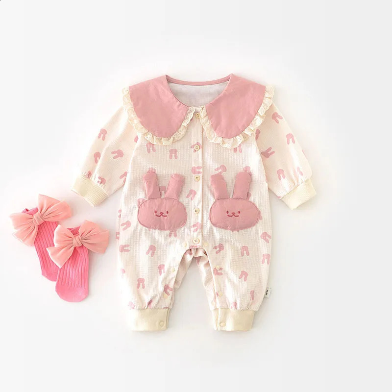 Spring Autumn Baby Bodysuit Full Printed Bunny Pocket Jumpsuit for Infant Girls Cute Peter Pan Collar Toddler One Piece 241226