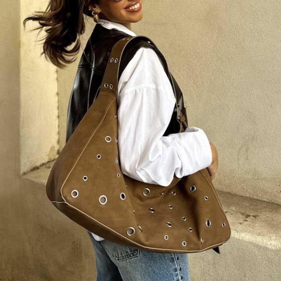 Imitation deer skin velvet armpit bag, Native Western cowboy wide shoulder strap with inlaid circular shoulder bag 241215
