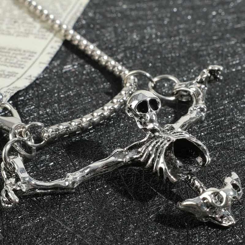 Halloween Dark Skull Pendant Necklace Retro Gothic Adjustable Chain Alloy Necklace Punk Human Skeleton Jewelry Pendant ChainXJ241227