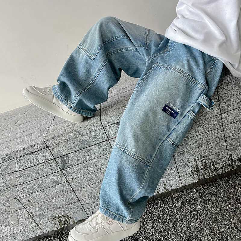 Teenage Boys Cargo Jeans Spring Autumn New Kids Wide Leg Denim Pants for Children Loose Pockets Trousers Girl 5 7 9 11 13 15 Yrs W241227