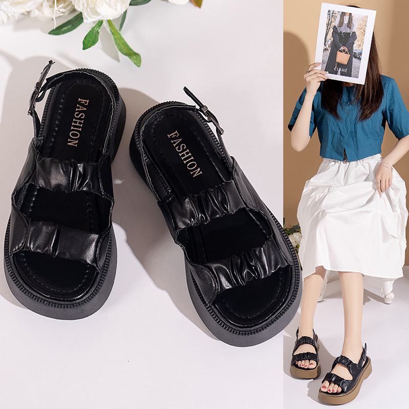 Ddmywed New Pleated One Line Sandals With Thick Soles, Big Toe Buckle Beach Sandals, Women's Sandals Chinese Brand Shoes F1227-21.5 ddmythur